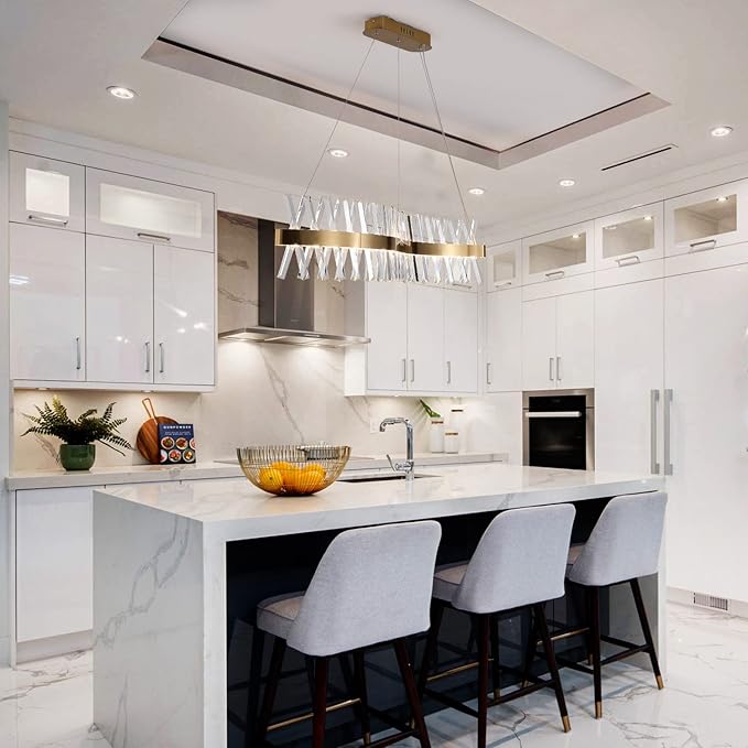 Gold Crystal Chandelier Modern LED Ceiling Pendant Light Fixture 40” Modern Linear Flush Mount Hanging Light for Dining Room Kitchen Island Bedroom, Brushed Finish Warm White 3000K UL Listed