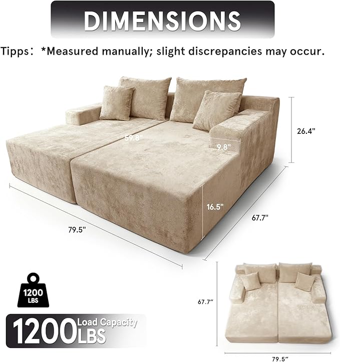 Sytopia Loveseat Chaise Lounge with Armrests, Oversized Sofa Bed with 4 Pillows, Cozy Boneless Sleeper, Modular Sectional Couch for Living Room Bedroom, Floor Chair Furniture sala Chenille