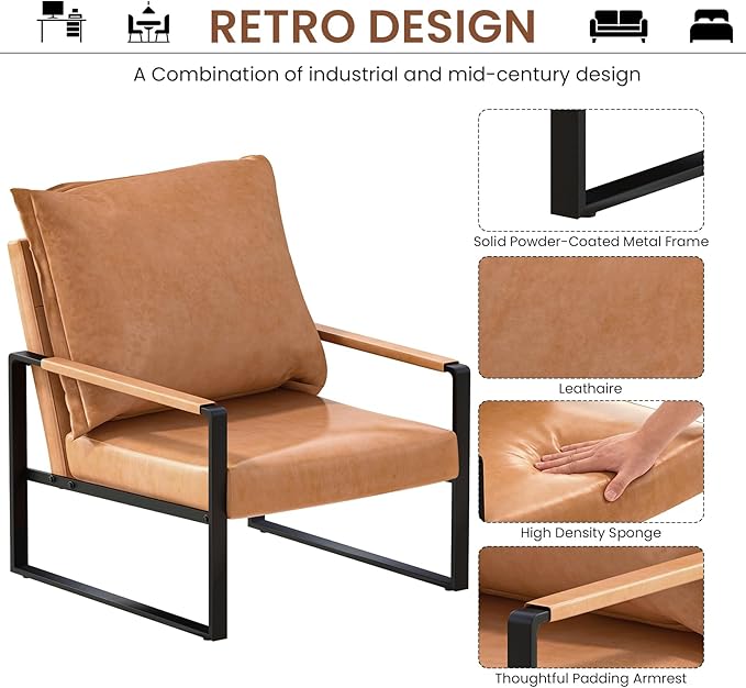 AWQM Leather Accent Chair Set of 2, Sofa Chair with Extra-Thick Padded Backrest & Seat Cushion Single Sofa for Living Room Bedroom, Black Metal Frame, 105 Degree Slant Back-Apricot（Set of 2）