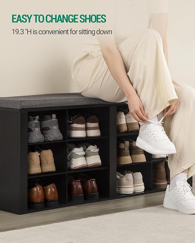 Shoe Bench with Cushion, Entryway Storage Bench with 12 Cubbies, Cubby Shoe Rack with Adjustable Shelves, Shoe Organizer Cabinet for Living Room, Bedroom, Entryway, Black SB19004GY