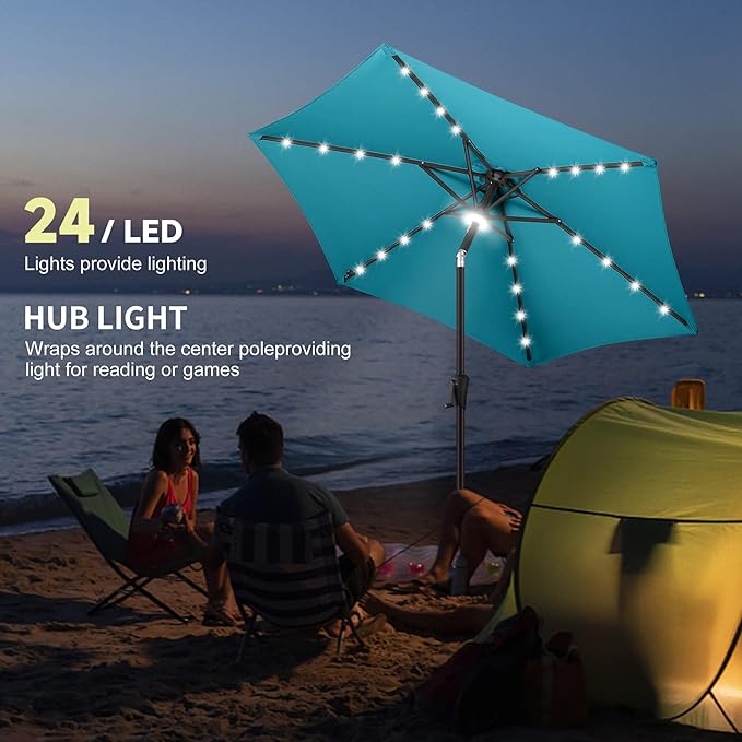 7.5ft Solar Umbrella Outdoor - Lighted Solar Patio Umbrella with 24 LED Lights Waterprool UV Protection, Table Umbrella with Tilt for Pool, Porch, Garden, Deck, Backyard (Aqua Blue)