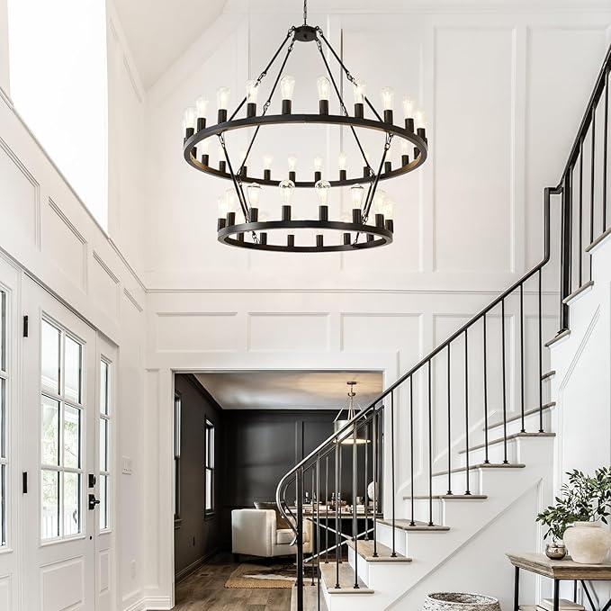 NILSE 2-Tier 48" Black Wagon Wheel Chandelier, 40-Light Extra Large Chandeliers for High Ceilings, Rustic Farmhouse Light Fixture for Living Room Stairs Foyer Entryway, E26