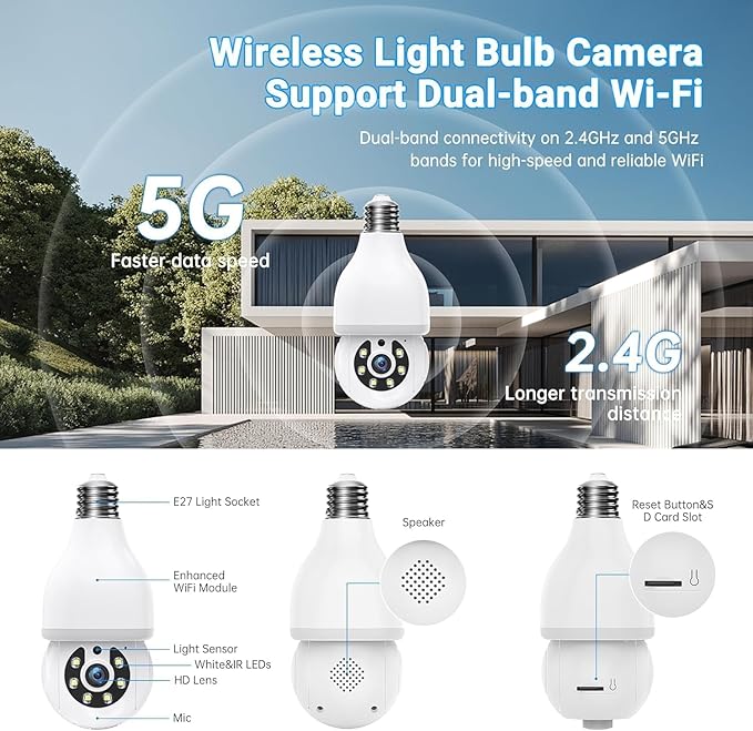 Light Bulb Camera - 5G& 2.4GHz WiFi Wireless Motion Detection and Alarm Light Bulb Camera Outdoor, Two-Way Talk, Color Night Vision, Human Detection Camera Light Bulb (white2)