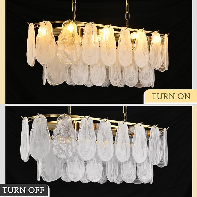 Gold Rectangle Chandeliers for Dining Room Modern Island Light Crystal Cloud Glass 8-Light Chandelier 2 Tier Rectangular Linear Pendant Hanging Ceiling Light Fixture for Kitchen L31.5” (E12)