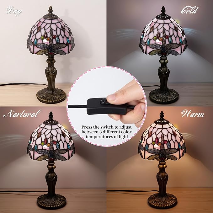 Tiffany Table Lamp,3 Color-Temperature Dragonfly Stained Glass Lamp,8 Inch Tiffany Style Lamp for Bedroom Living Room Home, Handcrafted Light, Included Bulb (Pink)