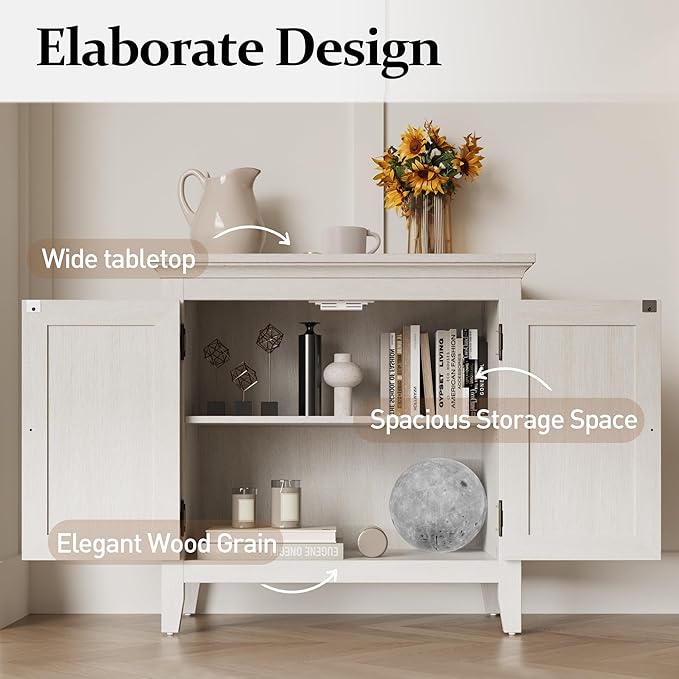 Rattan Storage Set of 2, Kitchen Sideboard Cabinet with Adjustable Storage Shelf, Accent Buffet Cabinet with Rattan Doors, Wood Cabinet Organizer for Dining Room, Living Room, White