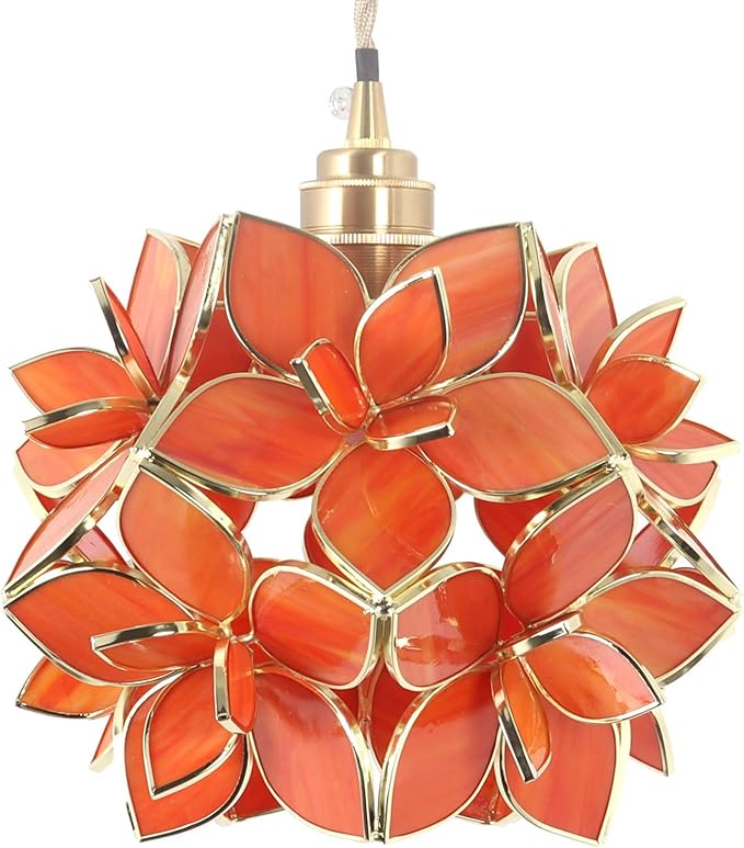 Bieye L10921 Petals Tiffany Style Stained Glass Ceiling Pendant Light with 8-inch Wide Lampshade (Orange, 8" Rose Lily)