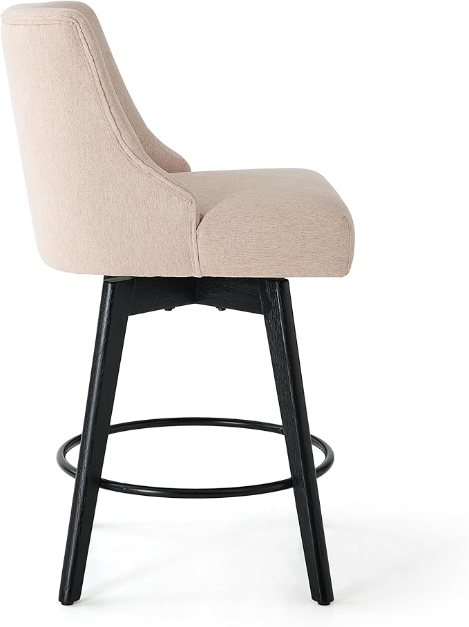 Vipbear Counter Height Bar Stools Set of 3, 26" H Swivel Bar Stools with Backs, Linen Fabric Upholstered Bar Chairs with Solid Wood Legs for Kitchen Island, Dining Room, Home Bar, Beige