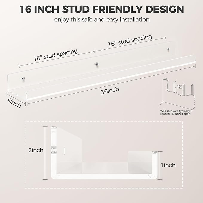 HBlife 36 Inches Floating Shelves Wall Mounted Clear Acrylic Shelves for Figures, 16 Inch Stud Spacing Invisible Floating Bookshelf for Kids and Nursery, 2 Pack (5MM Thick)