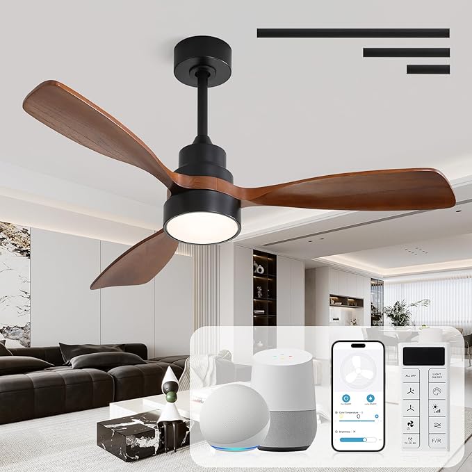CACI Mall 48 inch Ceiling Fans with Lights, Smart Indoor/Outdoor Ceiling Fan, Remote Control, Compatible with Alexa/Google, Small 3 Blade Solid Wood Ceiling Fans for Bedroom Patio