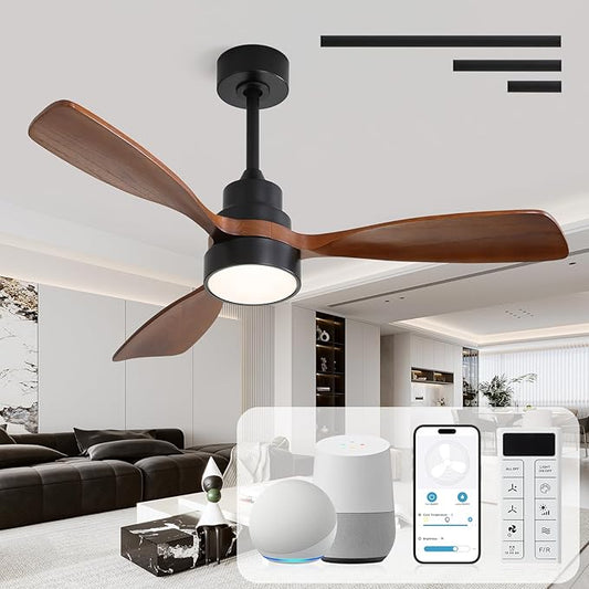CACI Mall 48 inch Ceiling Fans with Lights, Smart Indoor/Outdoor Ceiling Fan, Remote Control, Compatible with Alexa/Google, Small 3 Blade Solid Wood Ceiling Fans for Bedroom Patio