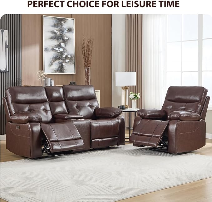 CANMOV Genuine Leather Power Recliner Sofa Set, Two Power Recliner Chair and Loveseat Set, 3 Pieces Leather Couch with Storage Console, USB Ports, Cup Holders for Living Room,Dark Brown