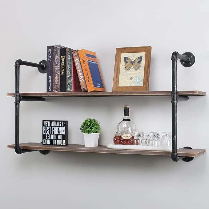 MBQQ Industrial Pipe Shelving Wall Mounted,48in Rustic Metal Floating Shelves,Steampunk Real Wood Book Shelves,Wall Shelf Unit Bookshelf Hanging Wall Shelves,Farmhouse Kitchen Bar Shelving(2 Tier)