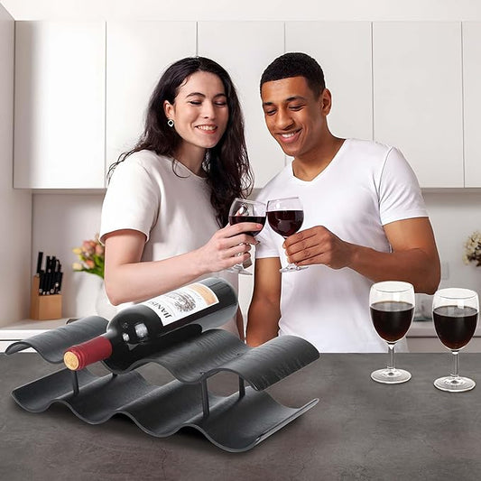 Countertop Wine Rack - 7 Bottle Freestanding Wine Bottle Holder Stand - 2 Tier Wooden Wine Storage Rack - Black Wavy Wine Organizer for Cabinet Pantry Home Kitchen Bar
