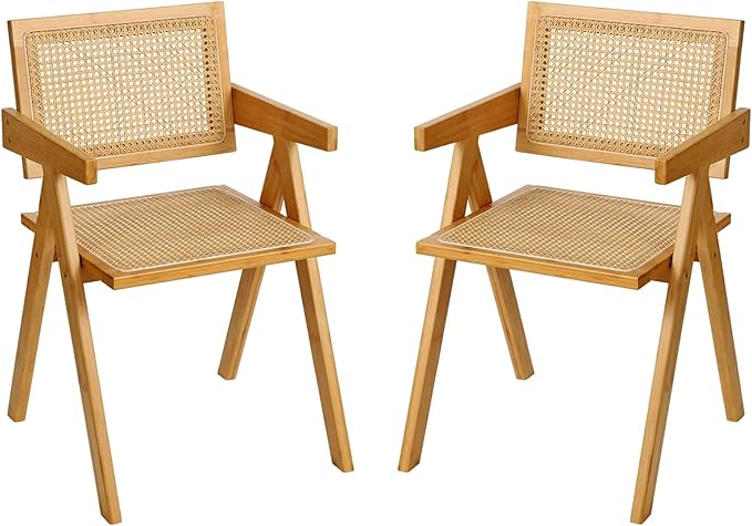 Rattan Dining Chairs Set of 2, Modern Mid Century Accent Chairs, Comfy Armchairs, Outdoor Rattan Chairs with Armrest for Bedroom Living Room Reading Room Dining Kitchen
