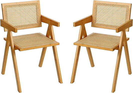 Rattan Dining Chairs Set of 2, Modern Mid Century Accent Chairs, Comfy Armchairs, Outdoor Rattan Chairs with Armrest for Bedroom Living Room Reading Room Dining Kitchen
