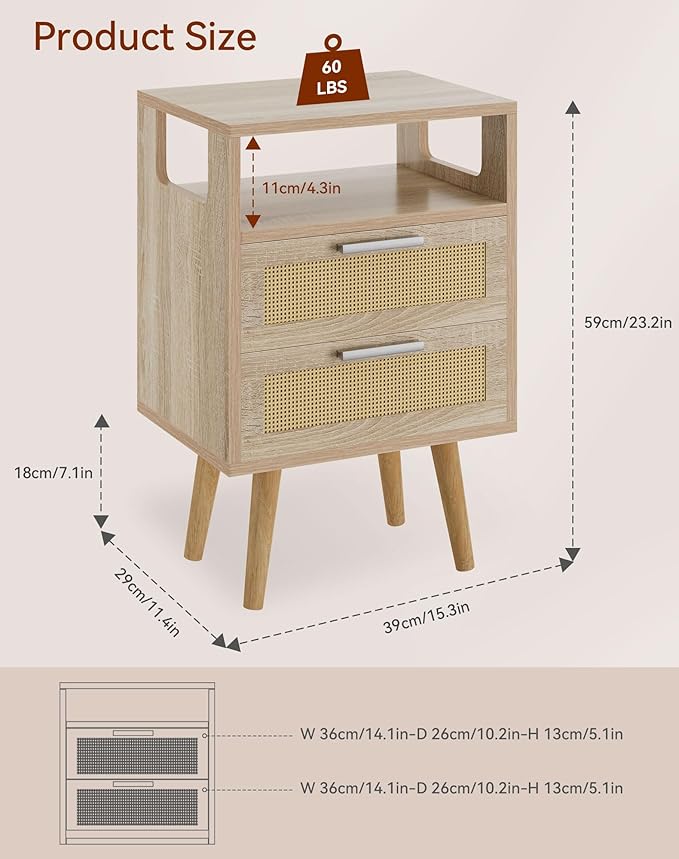 YMYNY Rattan Nightstand Set of 2, Boho Side Table with 2 Drawers, Open Shelf Unit with Arched Design, Solid Wood Legs, Storage Cabinet for Bedroom, Natural UHST015N-2