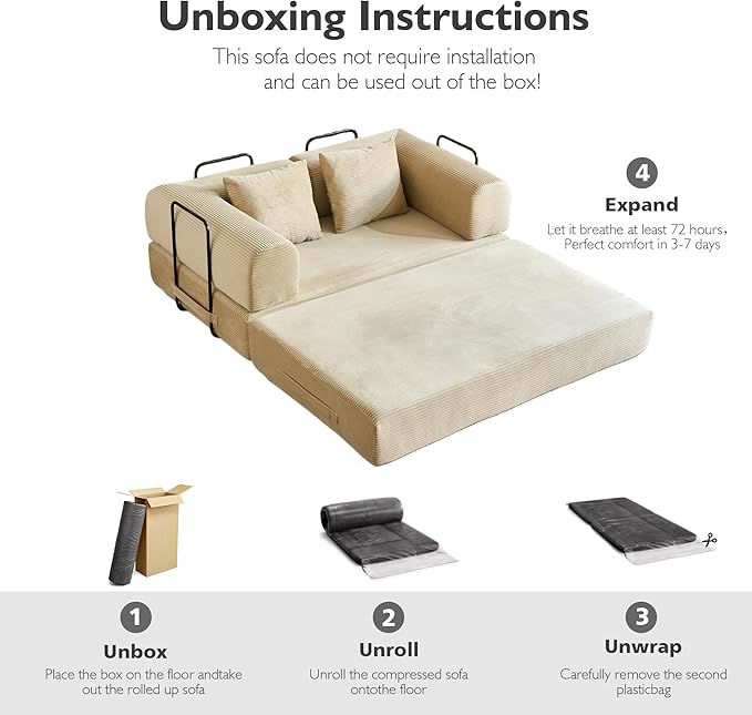 59in Convertible Sofa Bed, Corduroy Boneless Couch Bed, Futon Sleeper Sofa Pull Out Bed, Foldable Couch for Living Room Apartment, No Assembly Required