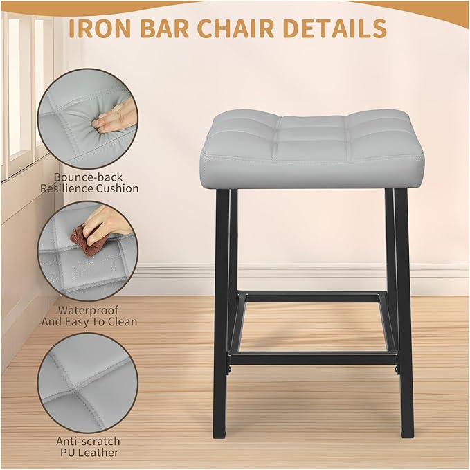 Bar Stools Set of 2, 24 Inch Backless Saddle Bar Stools, Double Needle Upholstered Padded Saddle Metal Stools for Kitchen Counter, Light Grey