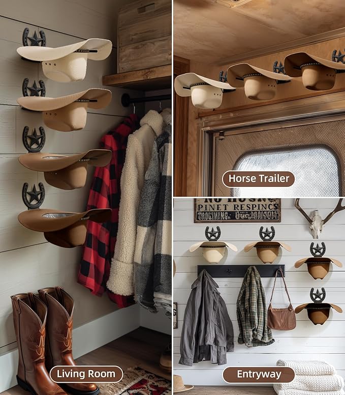 Cowboy Hat Holder Wall Mount for Wide Brim Hats Rustic Horseshoe Hooks with Texas Star Metal Hat Hanger Organizer for Closet Horse Trailer Entryway Bedroom Barn Farmhouse Western Decor, 4 Pack, Black