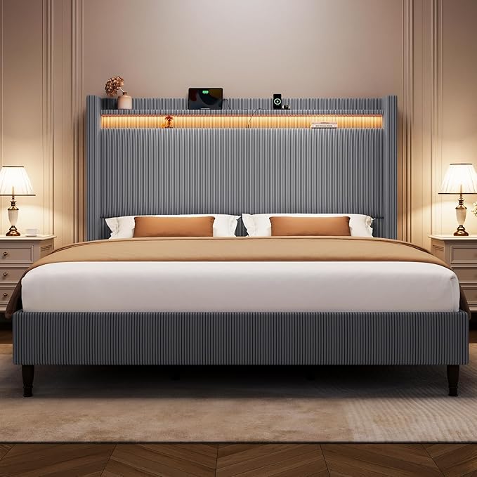 King Bed Frame with 55.3" Tall Headboard, Corduroy Upholstered Platform Bed with LED Lights & Charging Station, Wingback Storage Headboard, Solid Wood Slats,Noise Free,No Box Spring Needed,Dark Grey