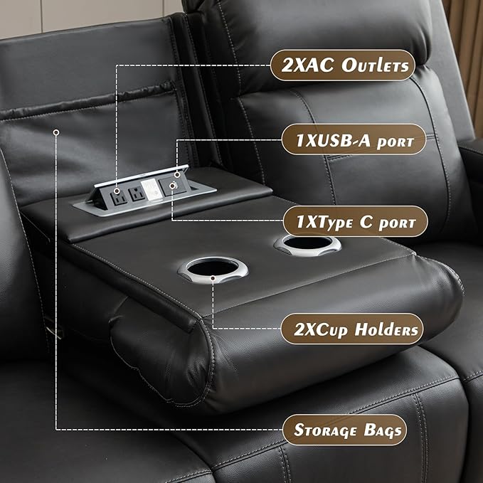 Netpane Breathable Leather Power Recliner Sofa Set with LED, Power Reclining Sofa and Loveseat Set with Adjustable Headrest/Wireless Charger/USB Ports/Storage for Living Room/HomeTheater (Grey&Black)