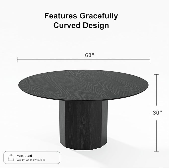 Casaphoria 60" Round Dining Table, Modern Wood Kitchen Table with Cylinder Polygonal Base for Living Room & Dining Room, Easy Assembly Farmhouse Furniture for 4-6, Black