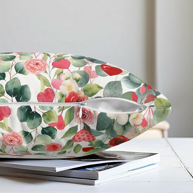 Valentines Day Floral Throw Pillow Covers 22x22 Inch Set of 2 Red Pink Roses Hearts Pillowcases Valentines Eucalyptus Leaves Decorative Cushion Covers for Home Sofa Bed