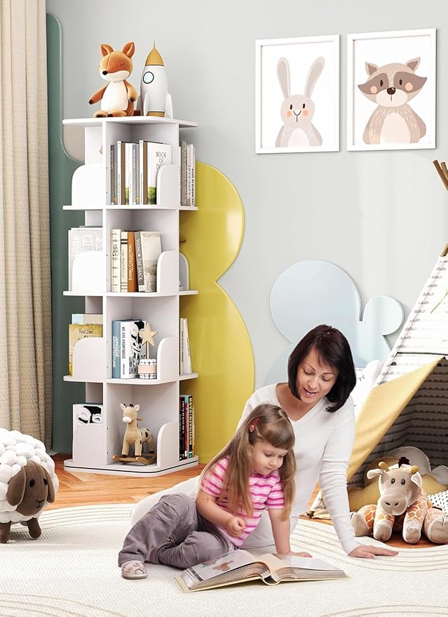 Rotating Bookshelf Tower, 4 Tier Spinning Square Bookshelf for Small Spaces, 360 Display Kids Bookshelves, Revolving Bookcase Floor Standing Storage Rack, White