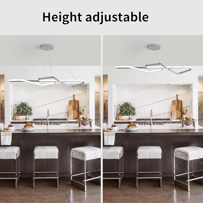 33 in Dimmable Modern LED Chandeliers for Dining Room - Adjustable Height Pendant Light Fixture Over Table, Contemporary Silver Chandelier Light Fixture (Chrome 33")