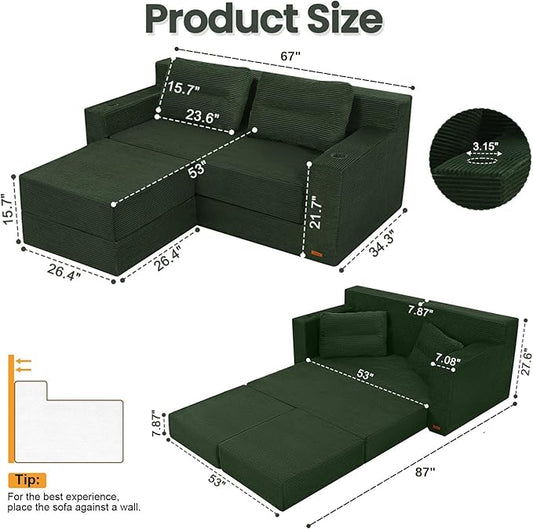 COMAX Futon Sofa Bed, Boneless Loveseat Couch in A Box, 67" L-Shaped Convertible Sofa Bed Corduroy for Living Room, Fold Out Small Foldable Loveseat Foam with Movable Ottoman, Floor Sleeper, Green