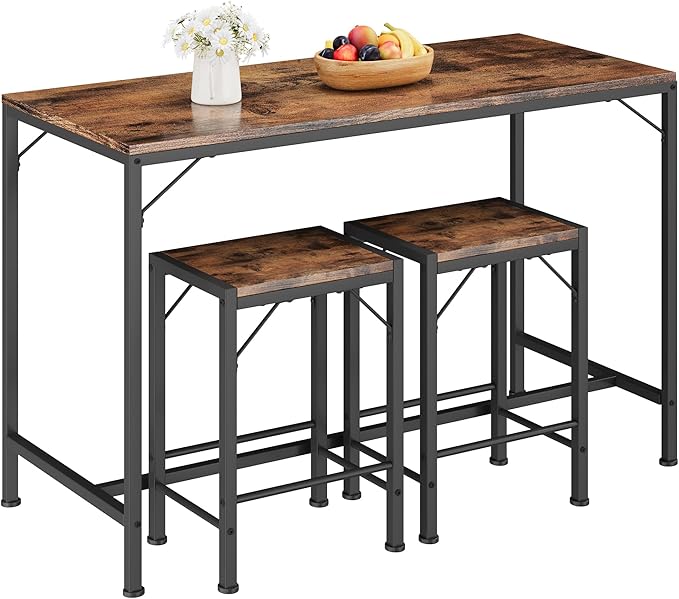 Homeiju Bar Table and Chairs Set, Bar Table with 2 Stools, Space-Saving Dining Pub Set for 2, Perfect for Kitchen, Breakfast Nook, Living Room & Small Spaces (Rustic Brown)