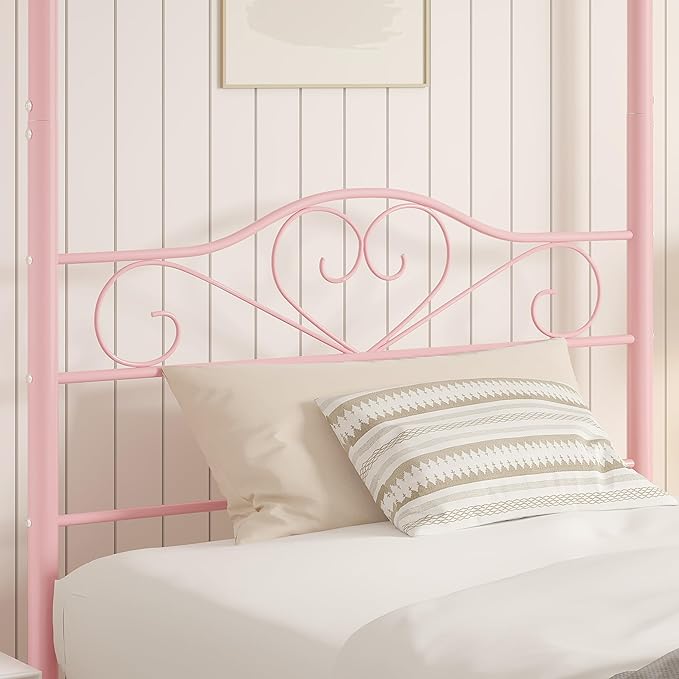 VECELO Twin Canopy Bed Frame with Headboard and Footboard, Metal Four Posters Design, Mattress Foundation Platform with Steel Slats Support, Underbed Storage Space, No Box Spring Needed, Pink