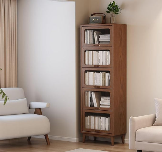 71'H *23.6W Solid Wood Bookcase,5 tir Tall Black Book case with Doors,Modern Bookshelf with Door for Kitchen,