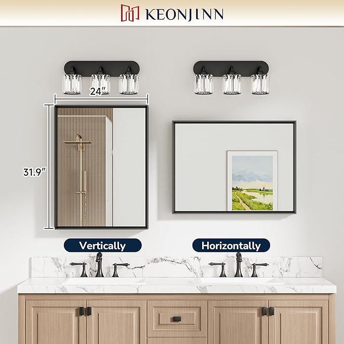 Keonjinn 24 x 32 Inch Black Bathroom Mirror, Beveled Rectangle Framed Mirror for Wall, Black Bathroom Vanity Mirror for Over Sink, Tempered Glass, Square Corner, Farmhouse Style