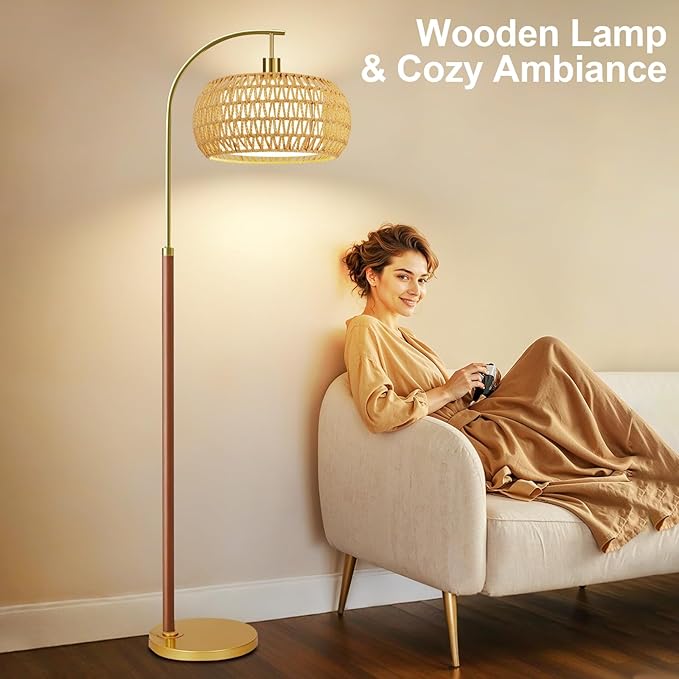 Wood Floor Lamps for Living Room,Boho Floor Lamp with Remote Control & 3 Color Temperatures,Dimmable Mid Century Modern Standing Lamp Vintage Tall Rattan Floor Lamp for Bedroom Corner