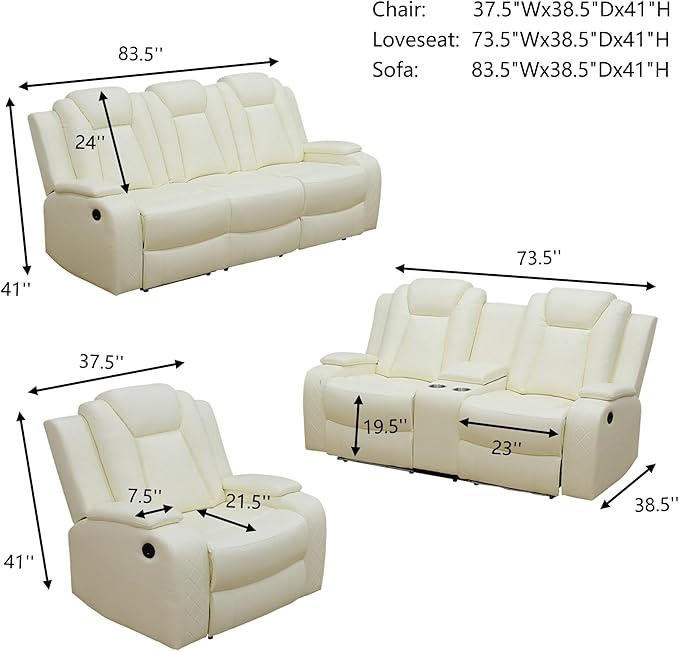 Leather Power Recliner Sofa Set with LED, Living Room Furniture Set, Leather Sofa Set with USB Port Storage Console Cup Holder for Office Living Room Home (Cream White Standard Version 2 Cup Holders)