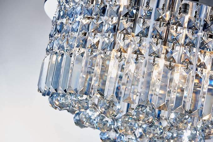 Saint Mossi 9 Light Modern K9 Crystal Chandelier Lighting, Flush Mount, Perfect for Dining Room, Bathroom, Bedroom, E12 Bulb Base; Height 11" x Diameter 20"; Lake Blue Crystal & Chrome Finish