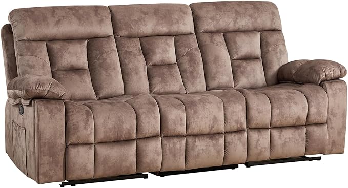 CANMOV 3 Seat Manual Recliner Sofa, Modern Reclining Sofa with Overstuffed Armrest, Hidden Cup Holders, for Living Room, Camel-Brown