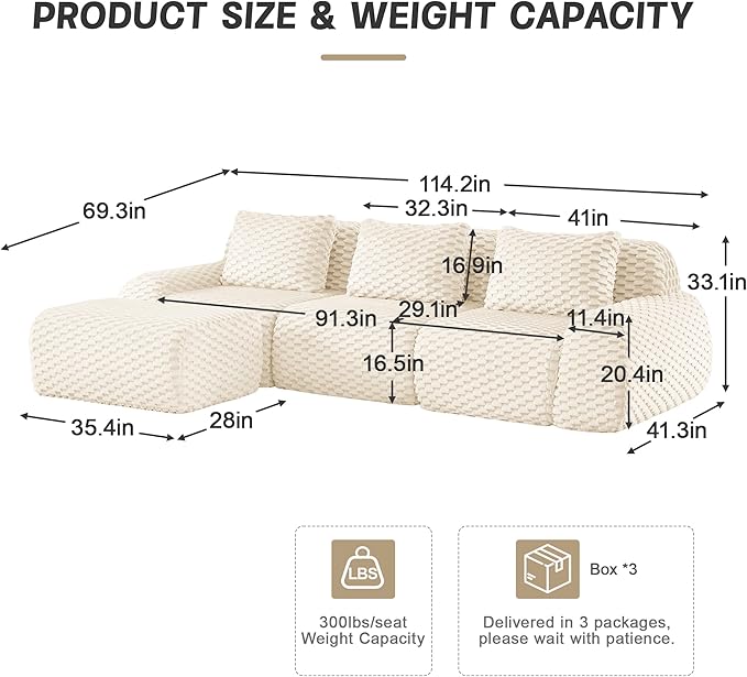 KEIKI 114" Oversized 3-Seater Boneless Couches for Living Room, Compact Modular Sectional Velvet Sofa L-Shaped, Deep Seat Cozy Foam Lounge Couch No Assembly, Modern Comfort Design, Cream