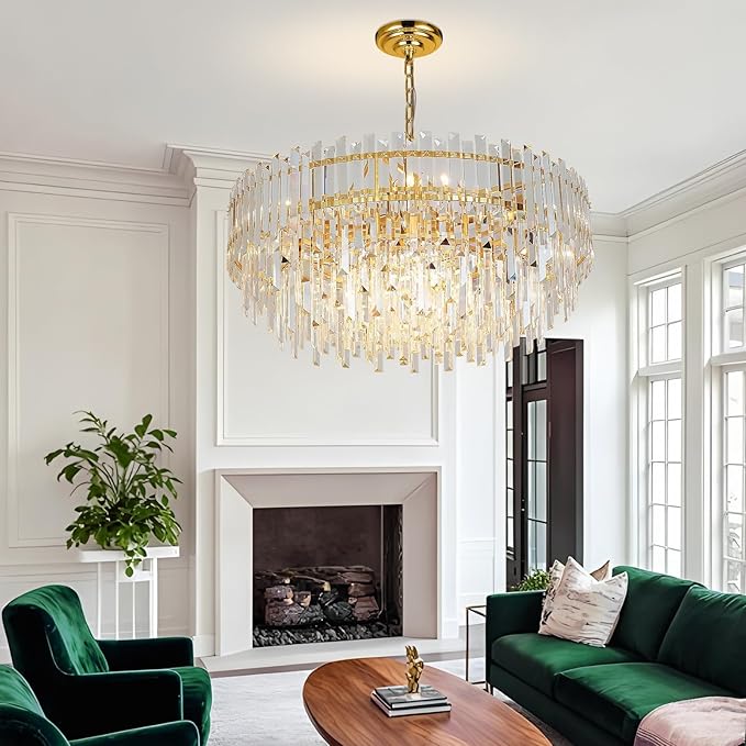 Gold Crystal Chandelier Modern Chandeliers Raindrop Lighting Pendant Lights Fixtures Ceiling for Living Room Dining Rooms Entryway Round Hanging D27.55''