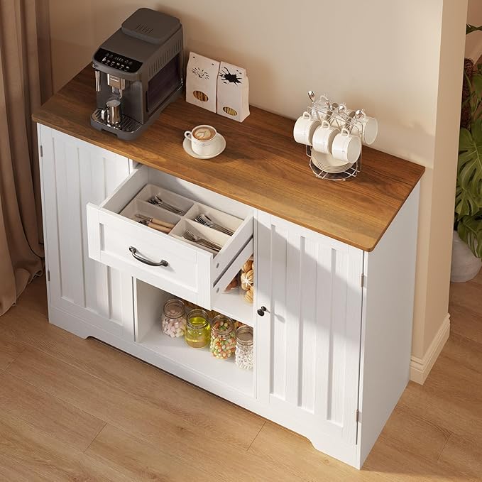 Gizoon Kitchen Sideboard Buffet Cabinet with Storage Coffee Bar Cabinet with Drawer, Kitchen Pantry Storage with Door and Shelves for Bathroom and Living Room, White and Rustic