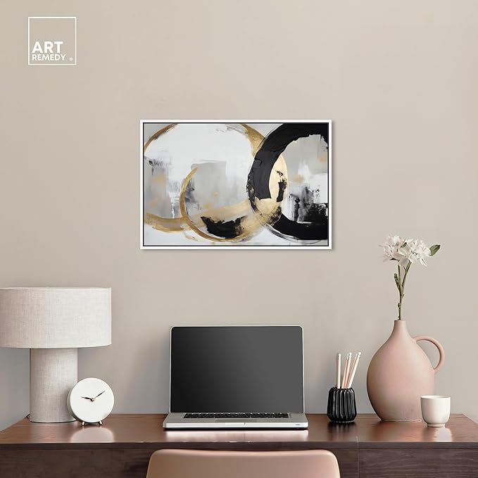 Art Remedy Another Dimension Canvas Modern Black White Abstract Wall Art, White Frame, 24" x 16"