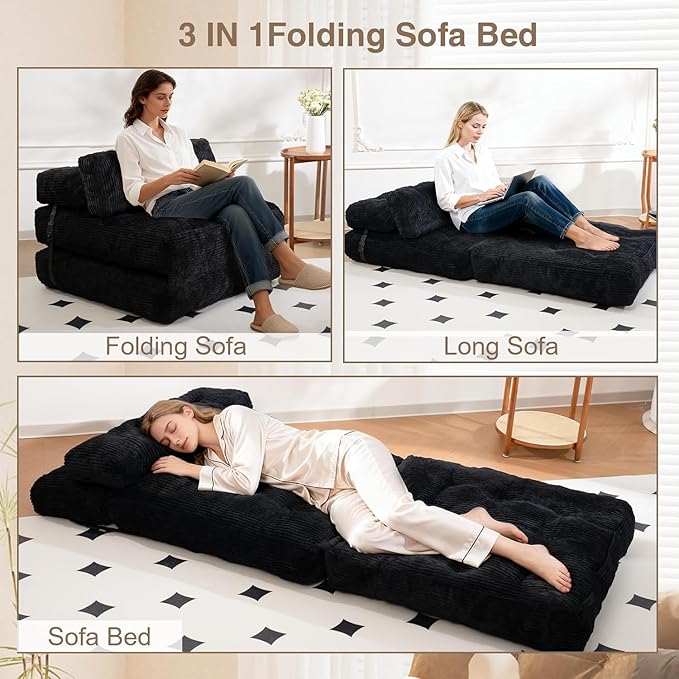 Folding Sofa Bed, Folding Chair Bed with Pillow, Convertible Lazy Sofa Bed with High-Density Support Foam, Fold Out Chair for Small Spaces Living Room Bedroom, Black