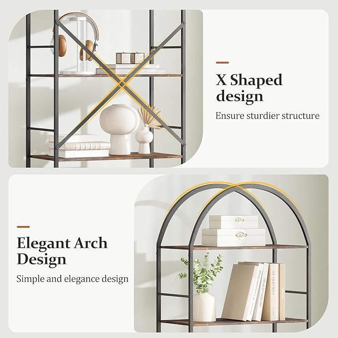 Arched Tall Bookshelf, 5 Tier Narrow Bookcase, Display Stand Book Shelf, Wide Bookshelves with 4 Hooks for Living Room, Home Office, Black and Brown