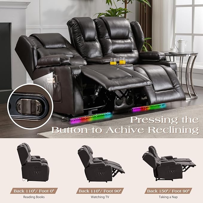 Oprisen Loveseat Power Recliner Sofa Couch Electric Reclining Sofa Chair for Living Room with Multi-Function Console/Cup Holders/LED Ambient Light