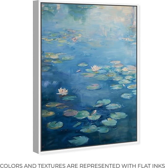 Art Remedy Lilypads In Blues Framed Impressionism 1 Piece Canvas Wall Art/Monet And Van Gogh Inspired Art, 21" x 31", White Frame