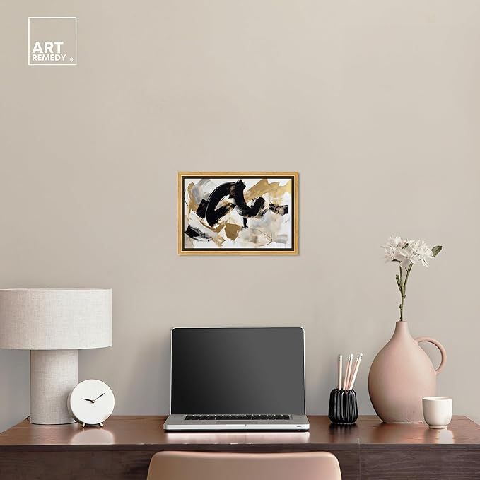Art Remedy Moved Abstraction Canvas Modern Black White Abstract Wall Art, Gold Frame, 15" x 10"