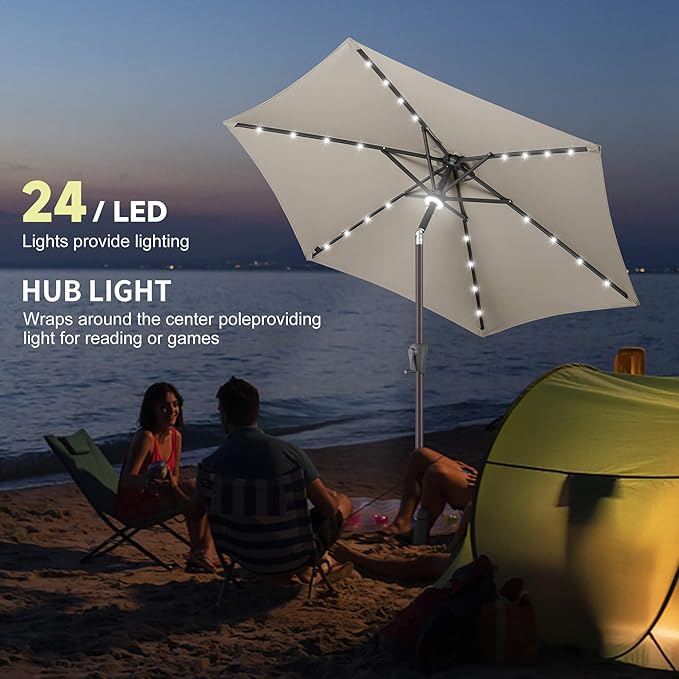 7.5FT Solar Umbrella Outdoor - Lighted Solar Patio Umbrella with 24 LED Lights Waterprool UV Protection, Table Umbrella with Tilt for Pool, Porch, Garden, Deck, Backyard (Taupe)