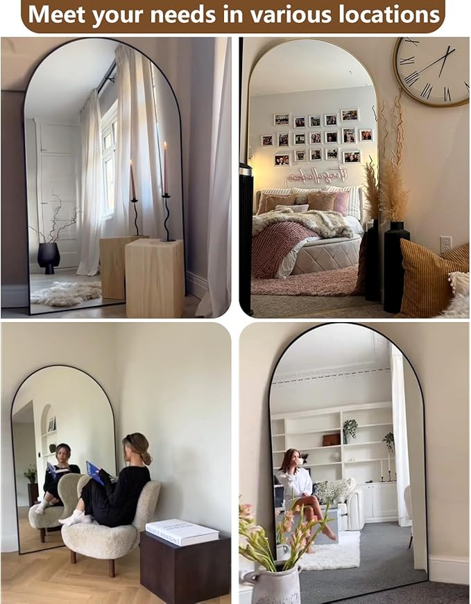 81"x41" Black Arched Full Length Mirror - Extra Large Floor/Wall Mounted, Shatterproof Glass & Aluminum Frame with Stand for Bedroom, Living Room, Entryway
